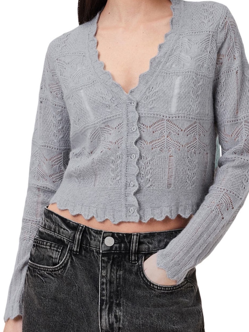 AllSaints Light Gray Scalloped Knit Button Cardigan
